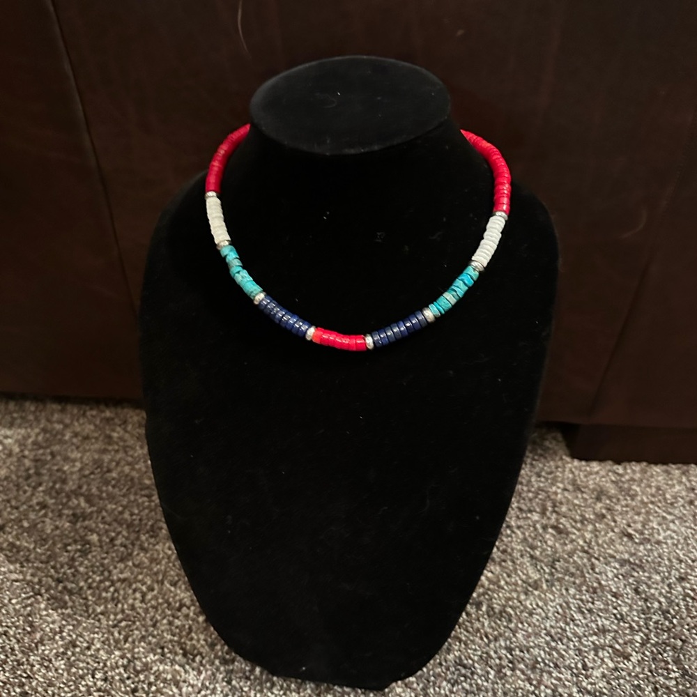 Hand Crafted Red Coral, Turquoise, Lapis Lazuli, Shell & Sterling Silver Choker